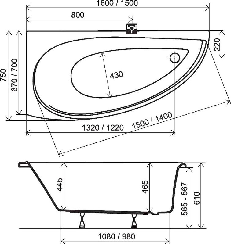 Акриловая ванна Ravak Avocado L 160x75 см, угловая, левая, пристенная, белая, асимметричная, на ножках