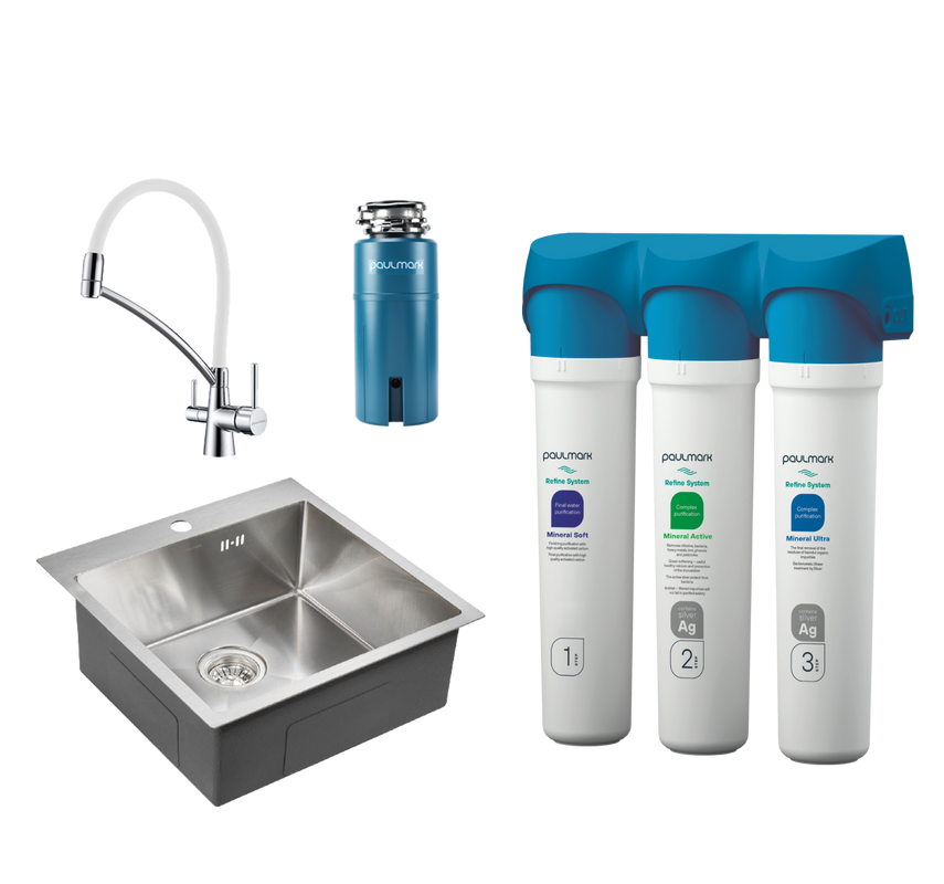 Комплект Мойка кухонная Paulmark Kroner PM215151-BS брашированная нержавеющая сталь + Смеситель Siegen Si213111-CRw хром, с гибким изливом + Измельчитель Intenso I-PRO 1000 + Фильтр Refine System