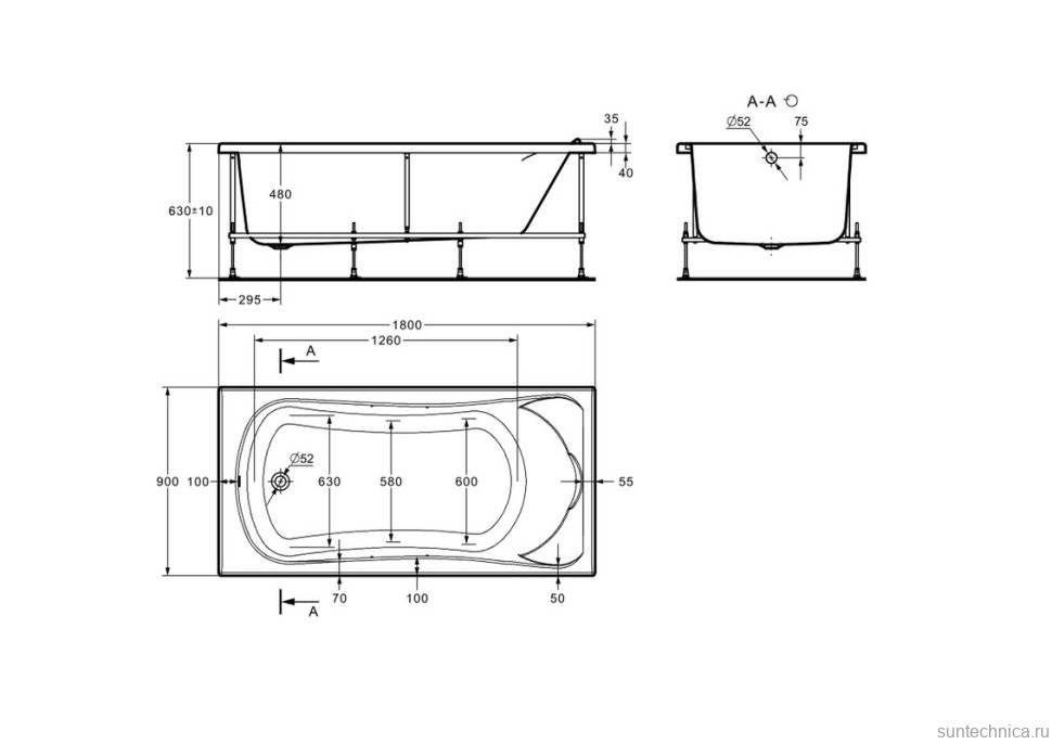 Акриловая ванна Roca BeCool 180x90 см, пристенная, белая, с каркасом, со сливом-переливом