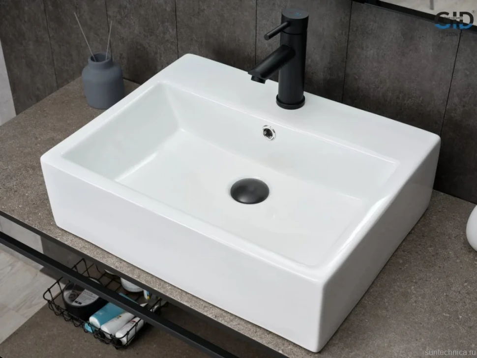 Накладная раковина GID Geometrico N9153 53 глянцевая белая, прямоугольная, фаянс, с 1 отверстием под смеситель