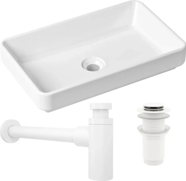Комплект Накладная раковина Lavinia Boho Bathroom Sink Slim 33311004 + Донный клапан Wellsee Drainage System 182138000 матовый белый + Сифон 182108000 белый