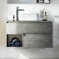 Мебель для ванной комнаты STWORKI Карлстад 90 дуб рошелье, монте тиберио, с отверстием для смесителя в столешнице