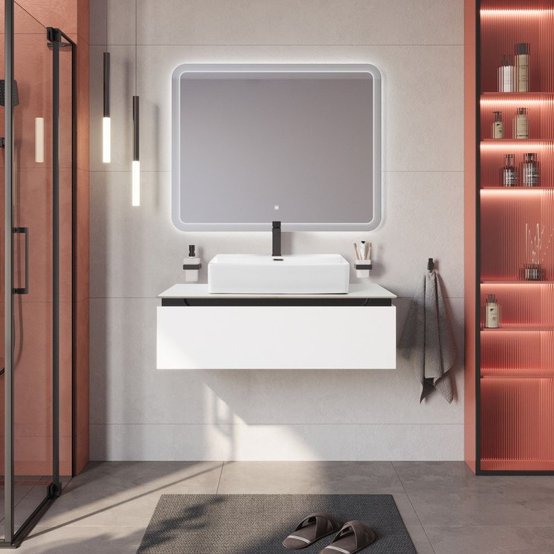 Тумба с раковиной Cezares Slider 100 подвесная, 1 ящик, со столешницей, bianco opaco