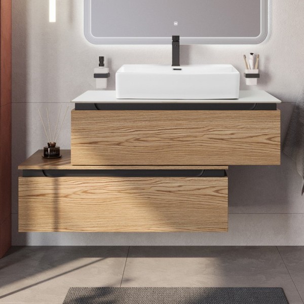 Тумба с раковиной Cezares Slider 100 подвесная, 2 ящика, дуб тангент, со столешницей bianco opaco