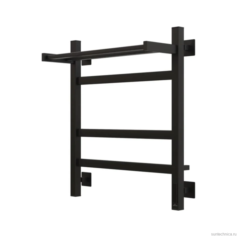Полотенцесушитель электрический Grota Tela 530х600 RAL9005 EL 60x55 см, подключение справа, слева, скрытое подключение справа, матовый черный, лесенка, из стали, с полкой