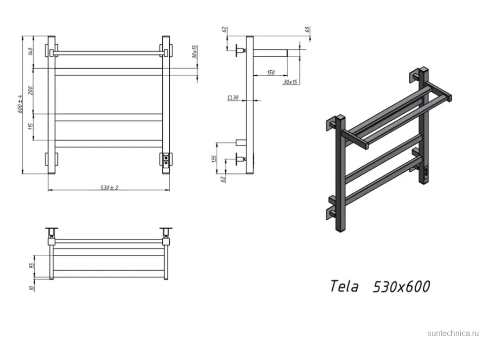 Полотенцесушитель электрический Grota Tela 530х600 RAL9005 EL 60x55 см, подключение справа, слева, скрытое подключение справа, матовый черный, лесенка, из стали, с полкой