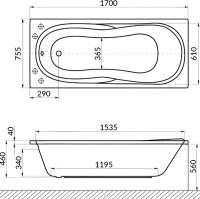 Акриловая ванна Excellent Sekwana Line Nano 170x75 см, встраиваемая, с гидромассажем, белая, с каркасом, со сливом-переливом, фурнитура золото