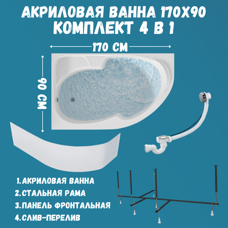 Акриловая ванна 1MarKa Diana L Стандарт 2+ 170x90 см, угловая, левая, встраиваемая, белая, асимметричная, с каркасом, с сиденьем, со сливом-переливом