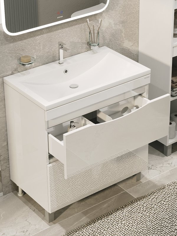 Тумба с раковиной Grossman Виста 75 напольная, 2 ящика, белый глянец