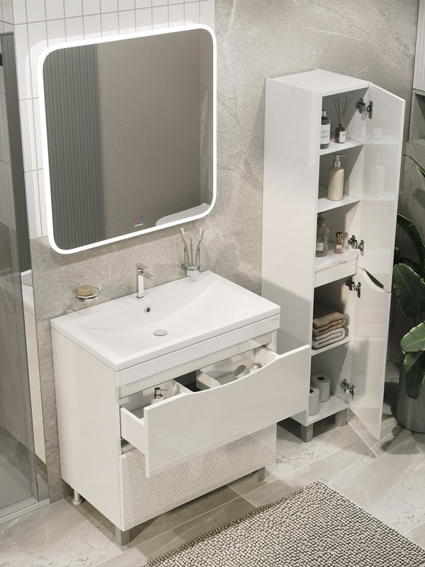 Тумба с раковиной Grossman Виста 75 напольная, 2 ящика, белый глянец