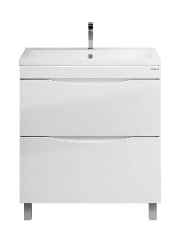 Тумба с раковиной Grossman Виста 75 напольная, 2 ящика, белый глянец