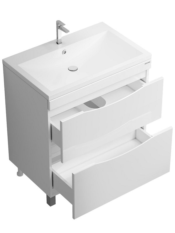 Тумба с раковиной Grossman Виста 75 напольная, 2 ящика, белый глянец