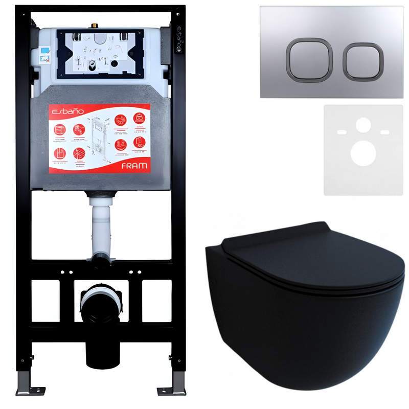 Комплект Унитаз подвесной Esbano Garcia ESUPGARCBM матовый черный + Инсталляция Fram + Кнопка ESINLPS10MC