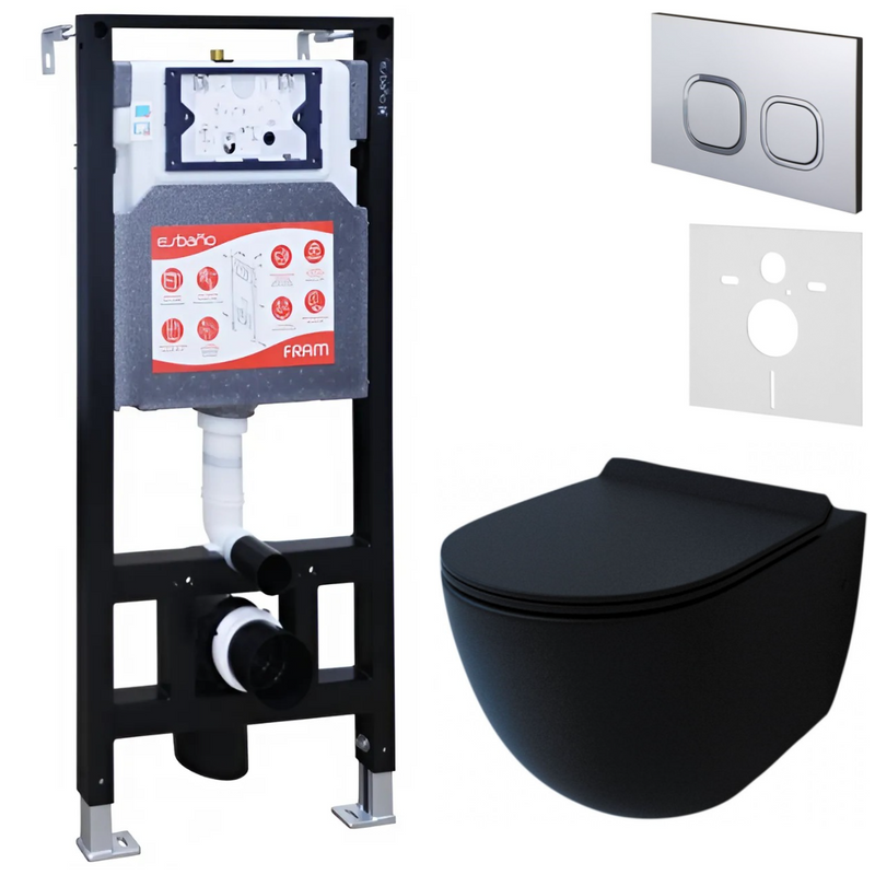 Комплект Унитаз подвесной Esbano Garcia ESUPGARCBM матовый черный + Инсталляция Fram + Кнопка ESINLPS10MC