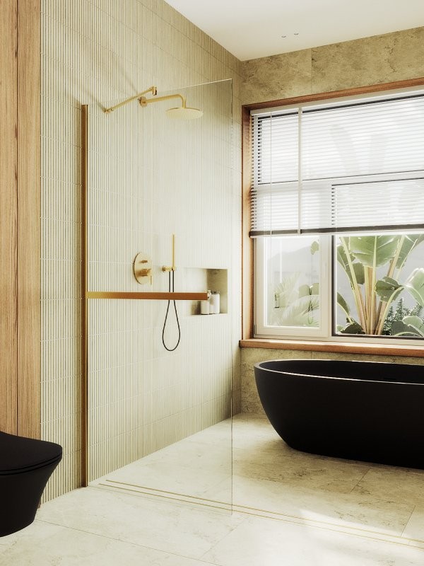 Душевая перегородка Maybahglass MGD-714-3ш 119 см, профиль золото, стекло прозрачное