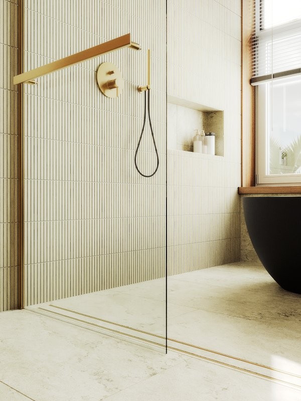 Душевая перегородка Maybahglass MGD-714-3ш 119 см, профиль золото, стекло прозрачное