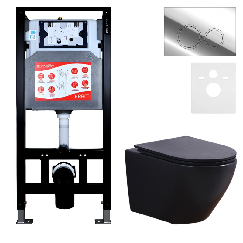 Комплект 3 в 1 Унитаз подвесной Esbano Azalea ESUPAZALBM + Инсталляция Fram + Кнопка ESINKRG11SC цвет глянцевый хром