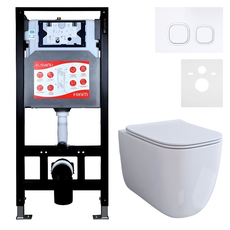 Комплект 3 в 1 Унитаз подвесной Esbano ESUPGARAW + Инсталляция Fram + Кнопка ESINLPS10GW цвет глянцевый белый