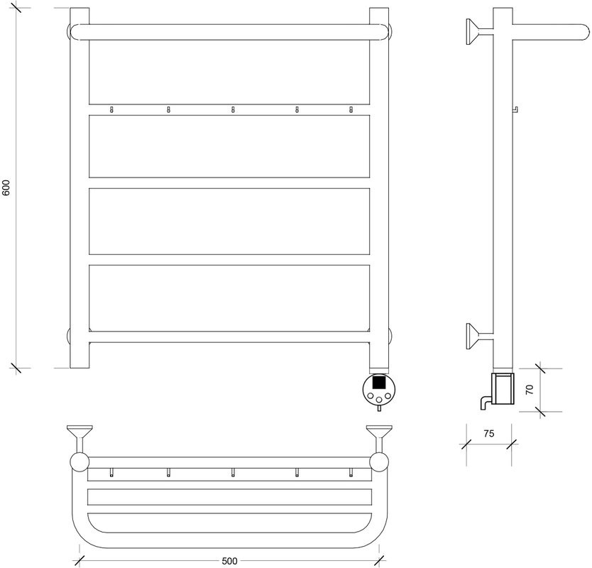 Полотенцесушитель электрический Secado Триада 1 КСП 60x50 см, подключение справа, матовый черный, лесенка, с полкой