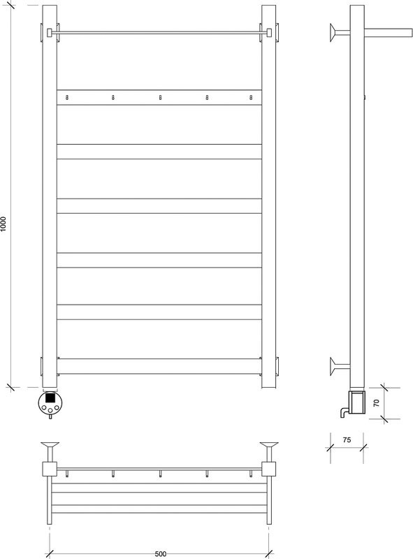 Полотенцесушитель электрический Secado Комано 1 КСП L 105x55 см, подключение слева, хром, лесенка, с полкой