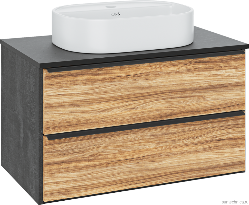 Тумба с раковиной Runo Мальта 85 подвесная, дуб, черная, раковина Nuovo 50