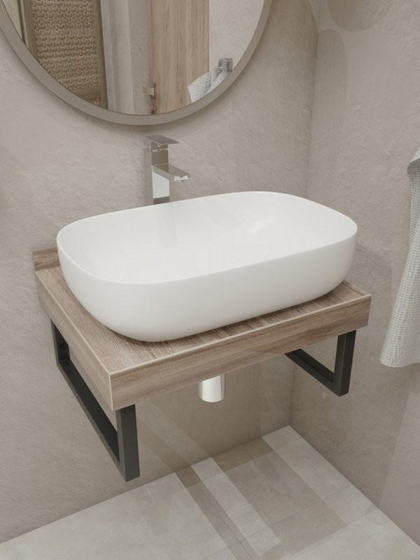 Столешница с раковиной Teymi Helmi 60 дуб кашмир, раковина Solli 61,  с черными кронштейнами