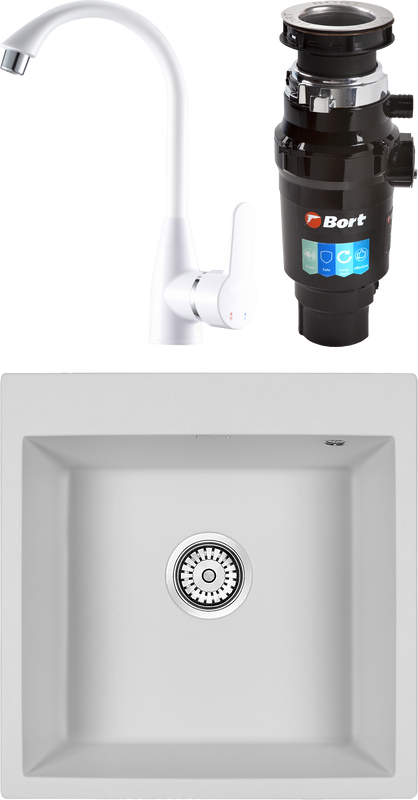 Комплект Мойка Paulmark Kante 50 PM105152-WH белый + Смеситель РМС PL5 PL5-017F белый + Измельчитель Bort Master Eco