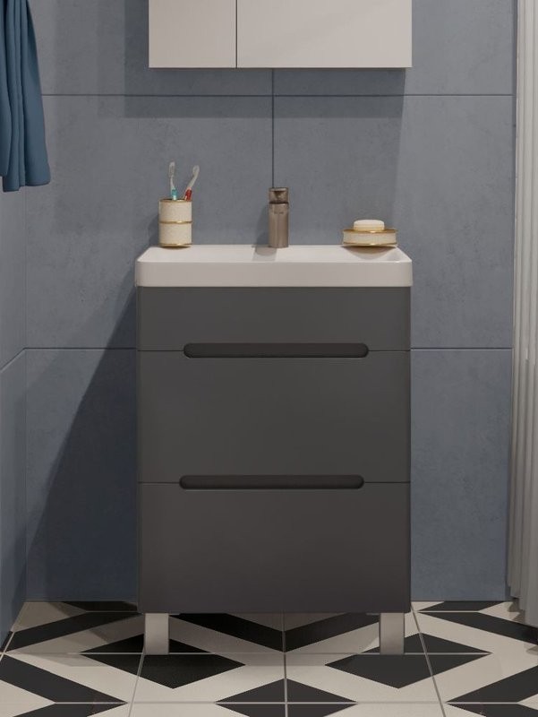 Тумба с раковиной Runo Парма 60 напольная, 2 ящика, графит