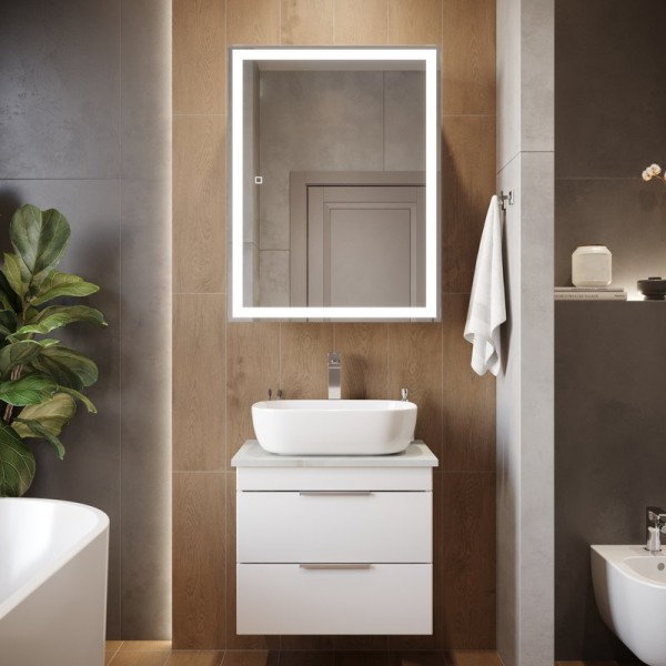 Мебель для ванной комнаты STWORKI Копенгаген 60 белая со светло-серой столешницей, с раковиной Moduo 50 Square