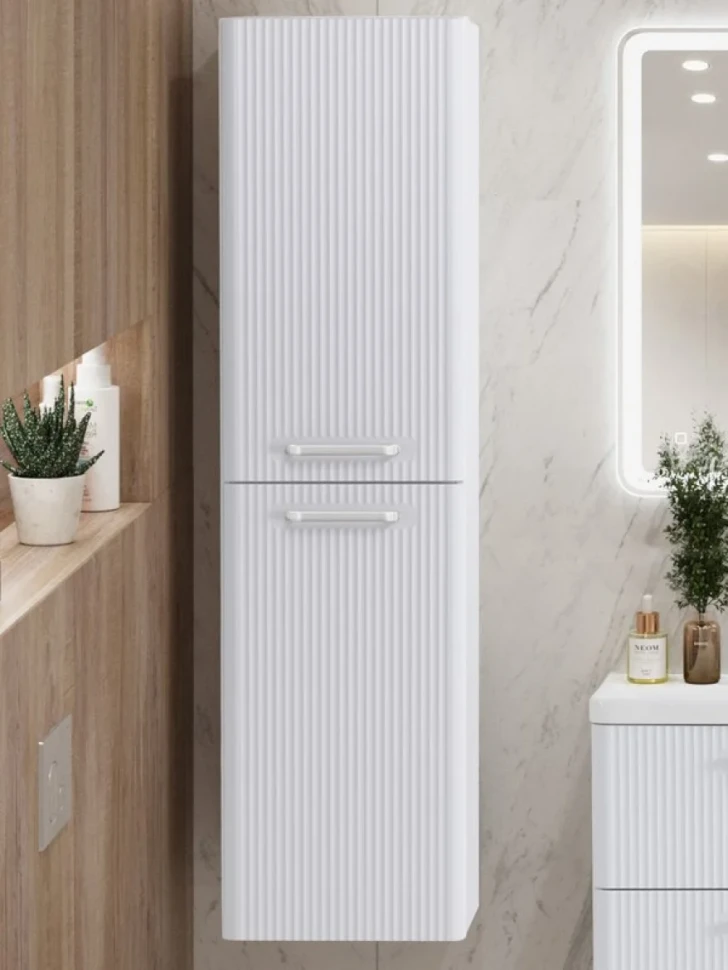 Шкаф-пенал для ванной BelBagno Due 40 подвесной, ручки белые, белый металлик