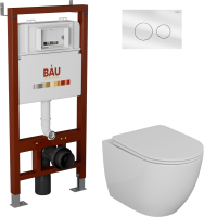 Комплект Унитаз подвесной Bauedge Bau Dream безободковый, с микролифтом + Инсталляция Bau Pro + Кнопка Dream, белая