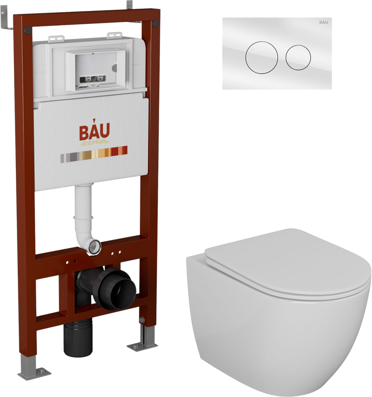 Комплект Унитаз подвесной Bauedge Bau Dream безободковый, с микролифтом + Инсталляция Bau Pro + Кнопка Dream, белая