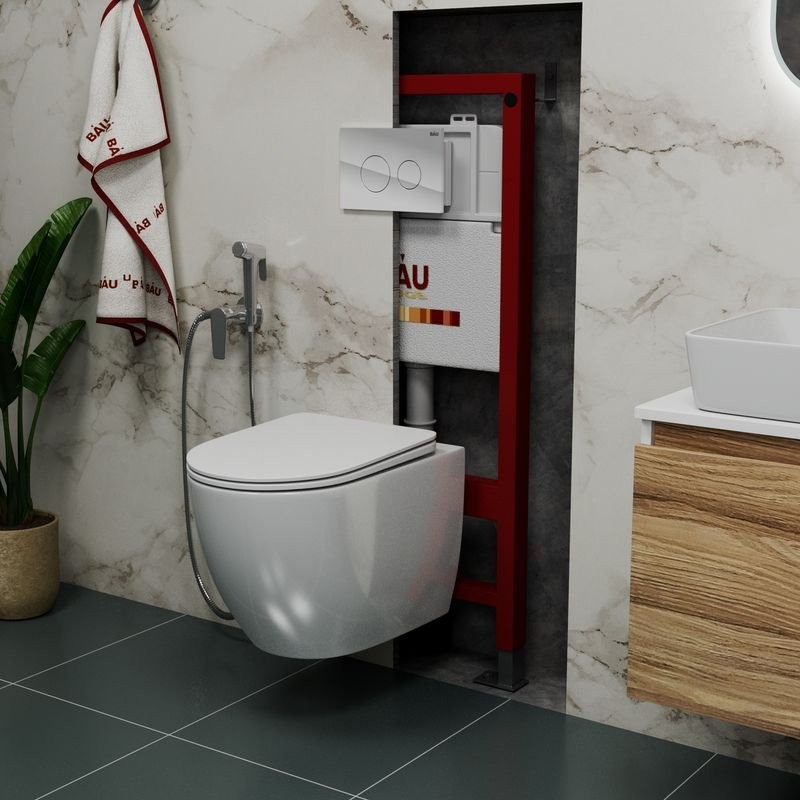 Комплект Унитаз подвесной Bauedge Bau Dream безободковый, с микролифтом + Инсталляция Bau Pro + Кнопка Dream, белая