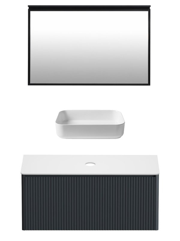 Мебель для ванной комнаты Allen Brau Gravity 120 1 ящик, с фрезеровкой, матовый антрацит, столешница белая, раковина Fantasy Quad 50, белая