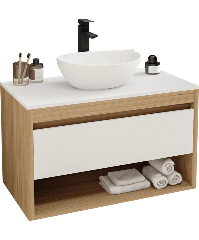 Тумба с раковиной Teymi Ritta 85 дуб эврика, матовая белая, раковина Lori 40