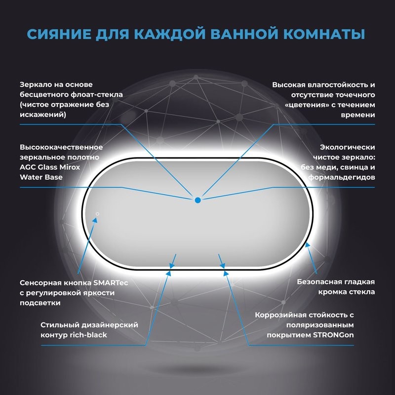 Зеркало Wellsee 7 Rays’ Spectrum 80х40 овальное, с фронтальной подсветкой, черное матовое