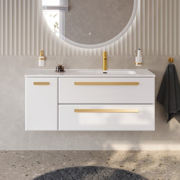 Тумба с раковиной Cezares Eco Cer-N 120 R 2 ящика, 1 дверца, bianco lucido, раковина Duet 120 R, ручки сатиновое золото