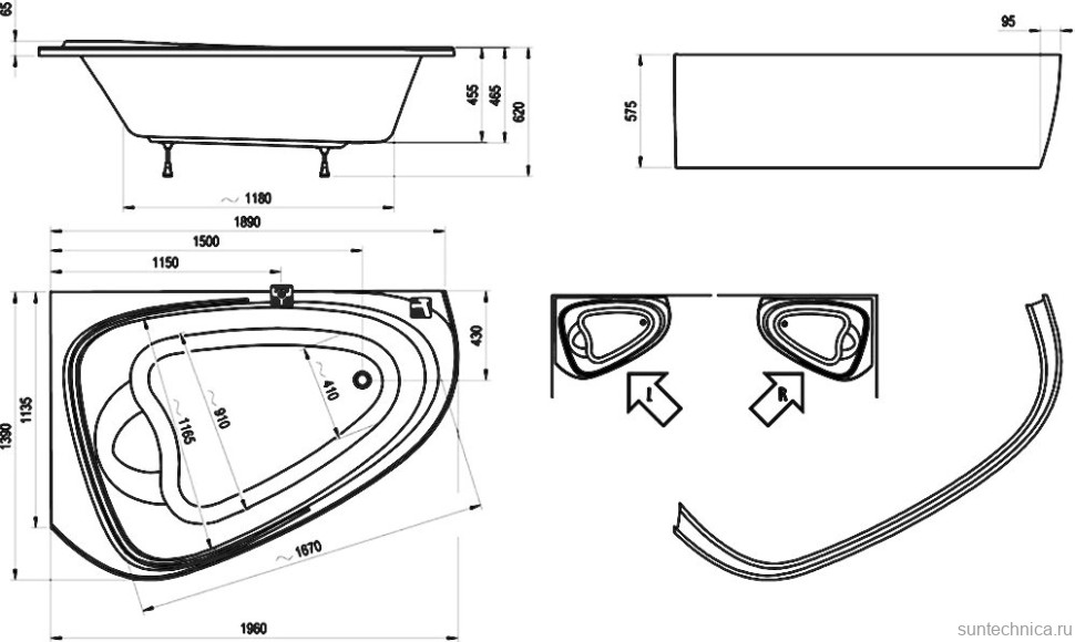 Акриловая ванна Ravak LoveStory II C751000000 L 195x140 см, угловая, левая, пристенная, белая, асимметричная, для двоих