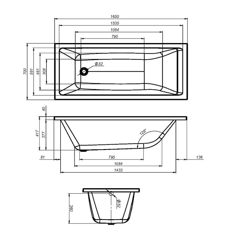 Акриловая ванна AM.PM Gem без опоры 165x70 см, пристенная, белая