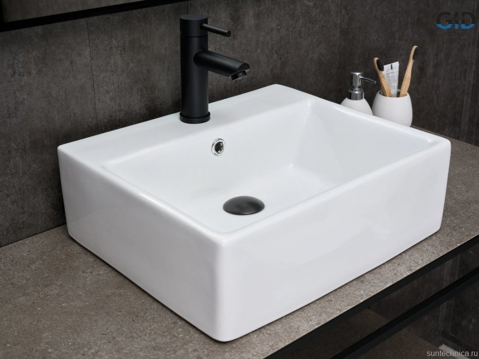 Накладная раковина GID Geometrico N9145 46 глянцевая белая, прямоугольная, фаянс, с 1 отверстием под смеситель