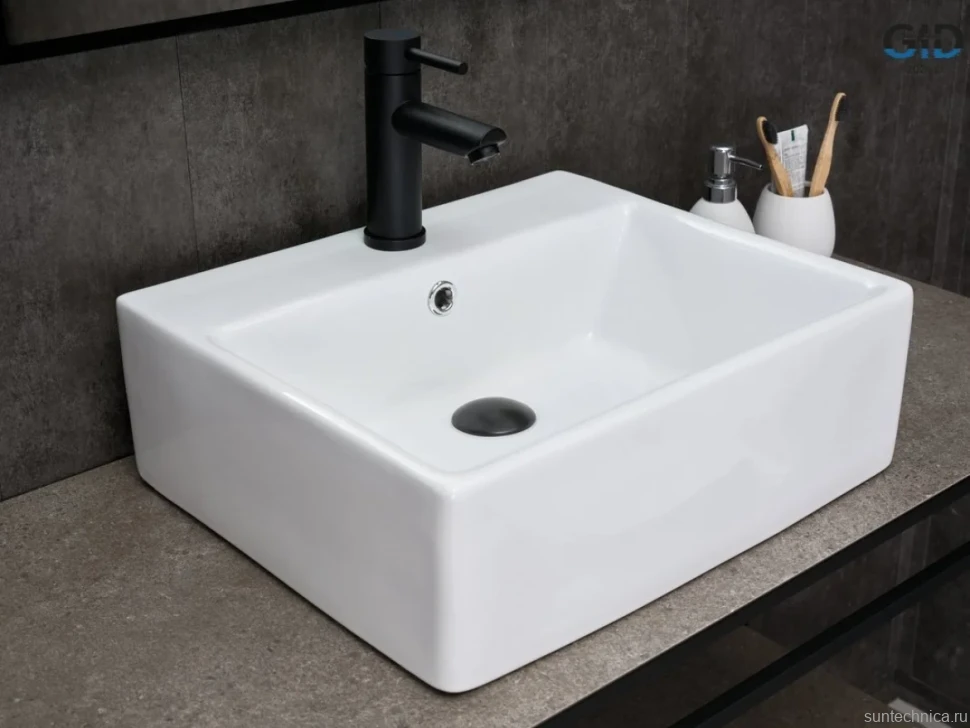 Накладная раковина GID Geometrico N9145 46 глянцевая белая, прямоугольная, фаянс, с 1 отверстием под смеситель