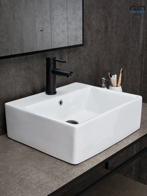Накладная раковина GID Geometrico N9145 46 глянцевая белая, прямоугольная, фаянс, с 1 отверстием под смеситель
