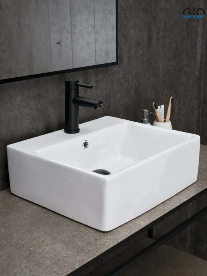 Накладная раковина GID Geometrico N9145 46 глянцевая белая, прямоугольная, фаянс, с 1 отверстием под смеситель