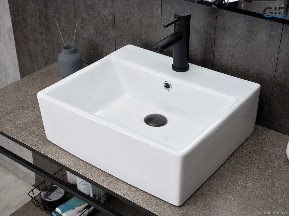 Накладная раковина GID Geometrico N9145 46 глянцевая белая, прямоугольная, фаянс, с 1 отверстием под смеситель