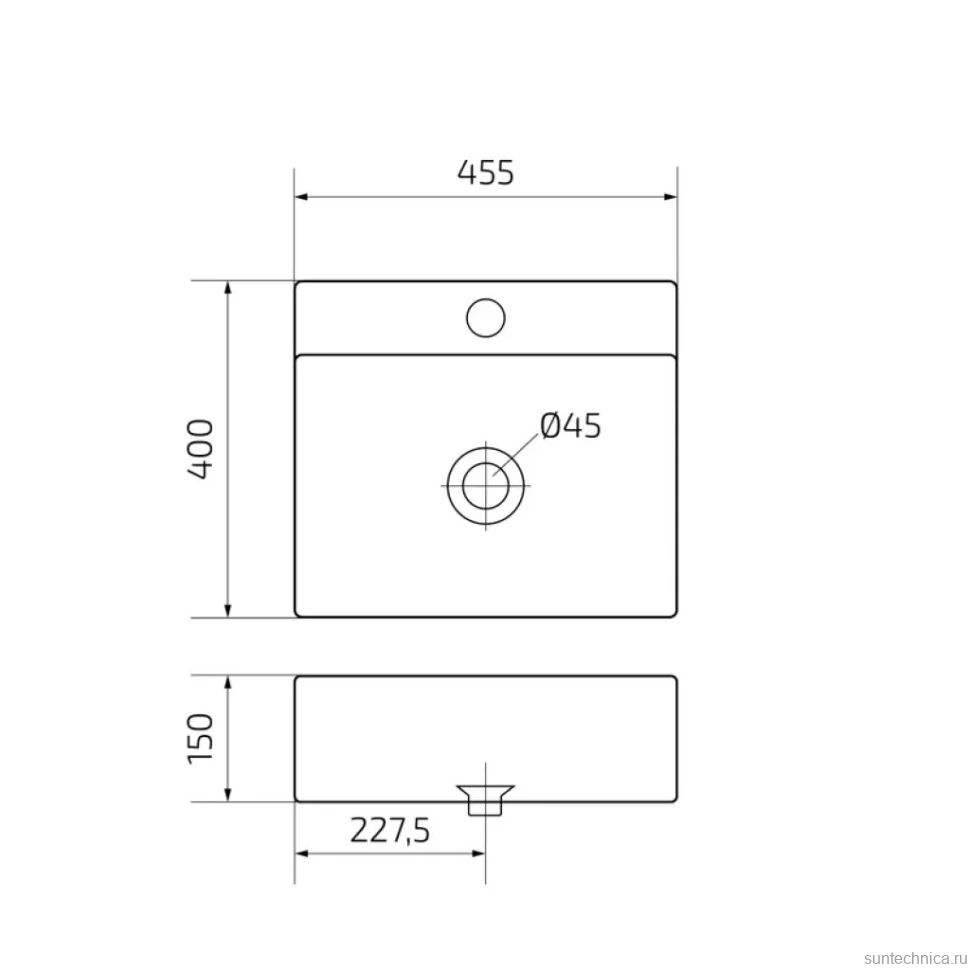 Накладная раковина GID Geometrico N9145 46 глянцевая белая, прямоугольная, фаянс, с 1 отверстием под смеситель