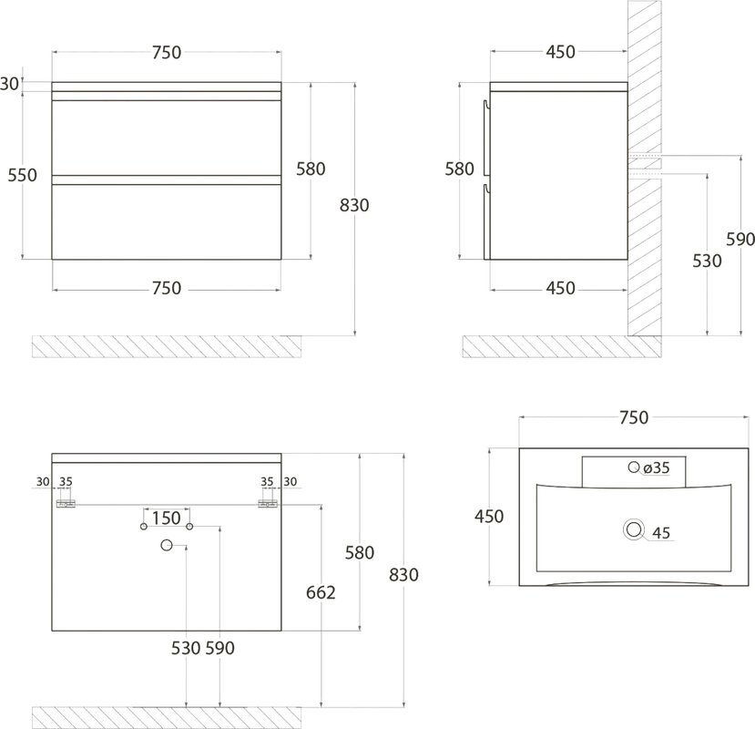 Тумба под раковину Art&Max Bianchi 75, подвесная, серый матовый