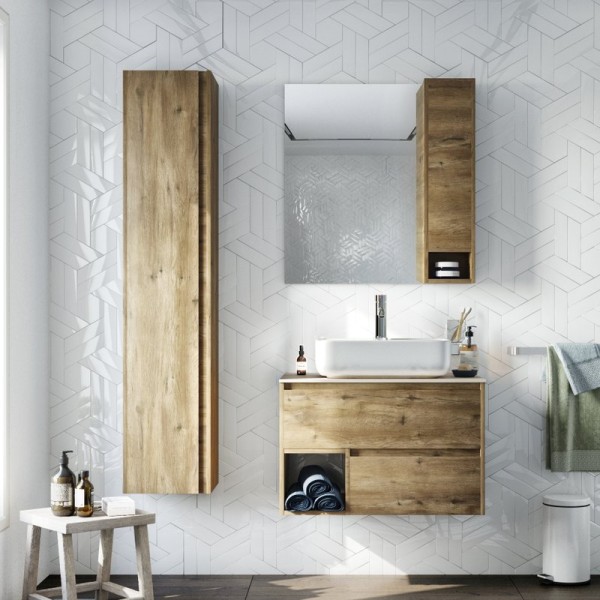 Мебель для ванной комнаты STWORKI Карлстад 75 дуб рустикальный, простоун беж, в стиле лофт, под дерево, российская