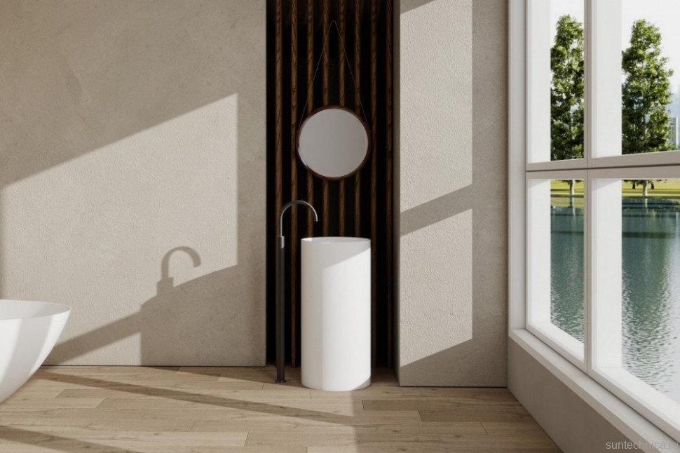 Раковина напольная Abber Stein AS2516 40 глянцевая белая, круглая, моноблок, искусственный камень