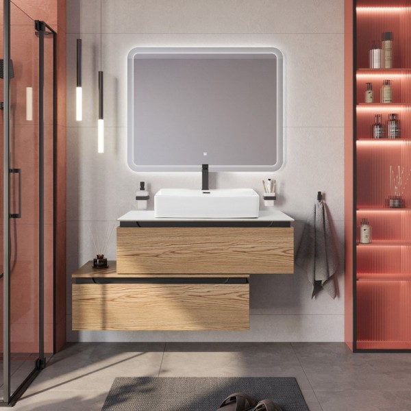 Мебель для ванной комнаты Cezares Slider 100 подвесная, 2 ящика, дуб тангент, со столешницей bianco opaco