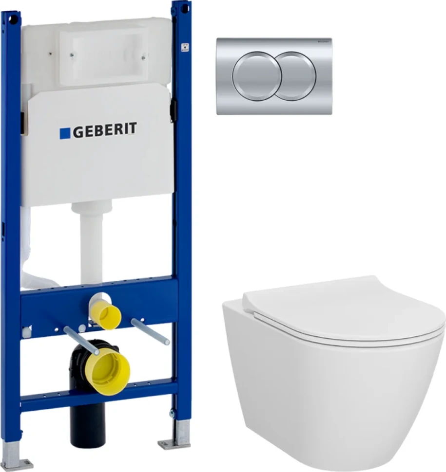 Комплект Унитаз подвесной VitrA Sanibelle 7551B003-0075 безободковый + Крышка 801-003-019 с микролифтом + Инсталляция Geberit Duofix Delta 458.149.21.1 с кнопкой смыва, хром